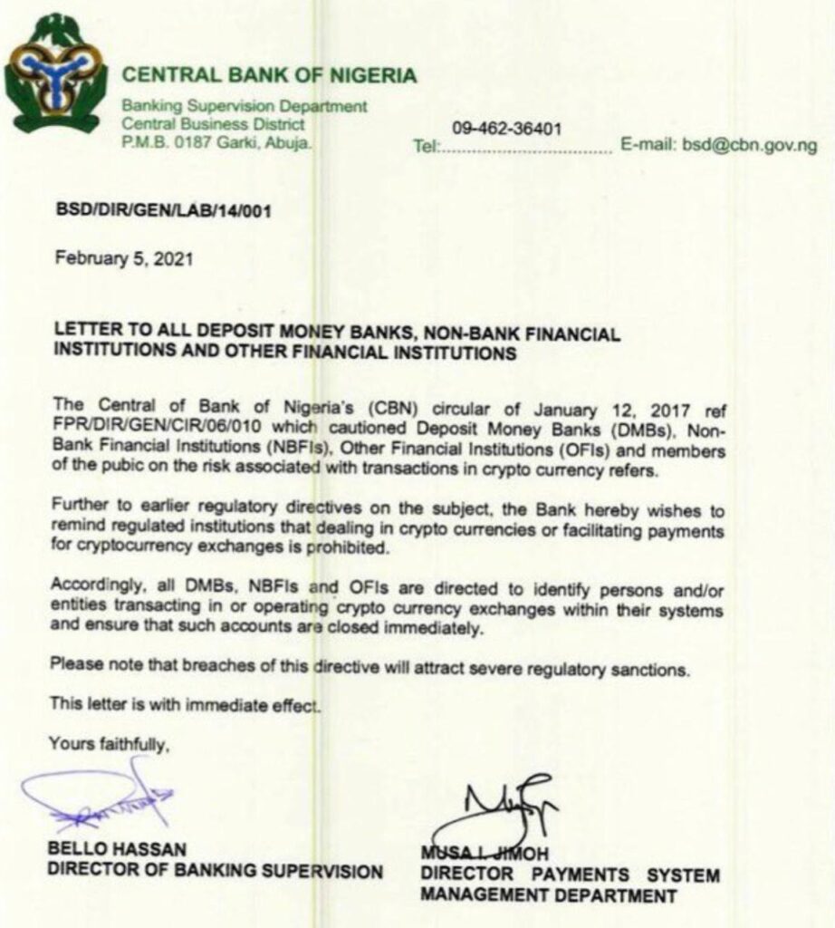 A statement, prohibiting financial institutions in Nigeria from dealing in cryptocurrencies 