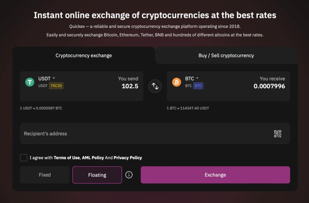 Fast online crypto-to-crypto exchange without registration on Quickex