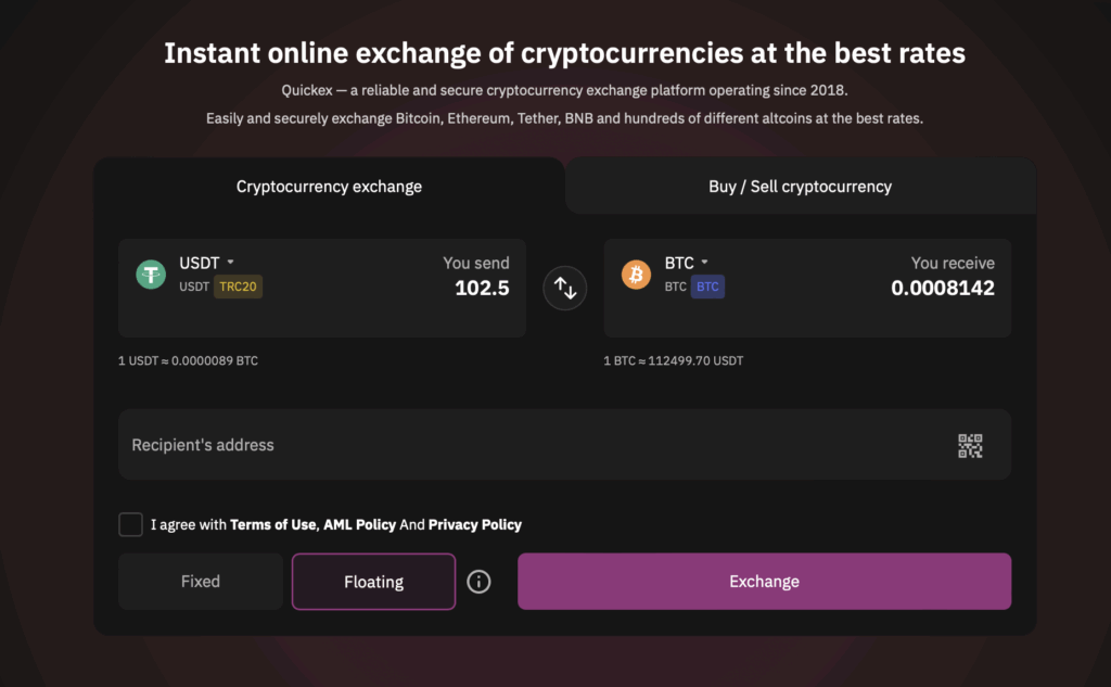 Quick exchange window in a couple of clicks on Quickex