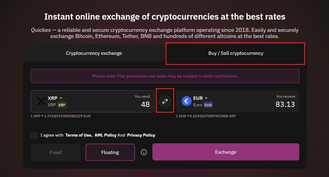 crypto-fiat exchange on quickes step 2