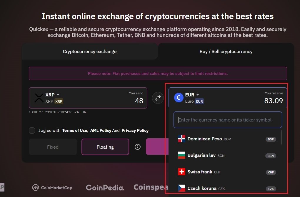 crypto-fiat exchange on quickes step 3