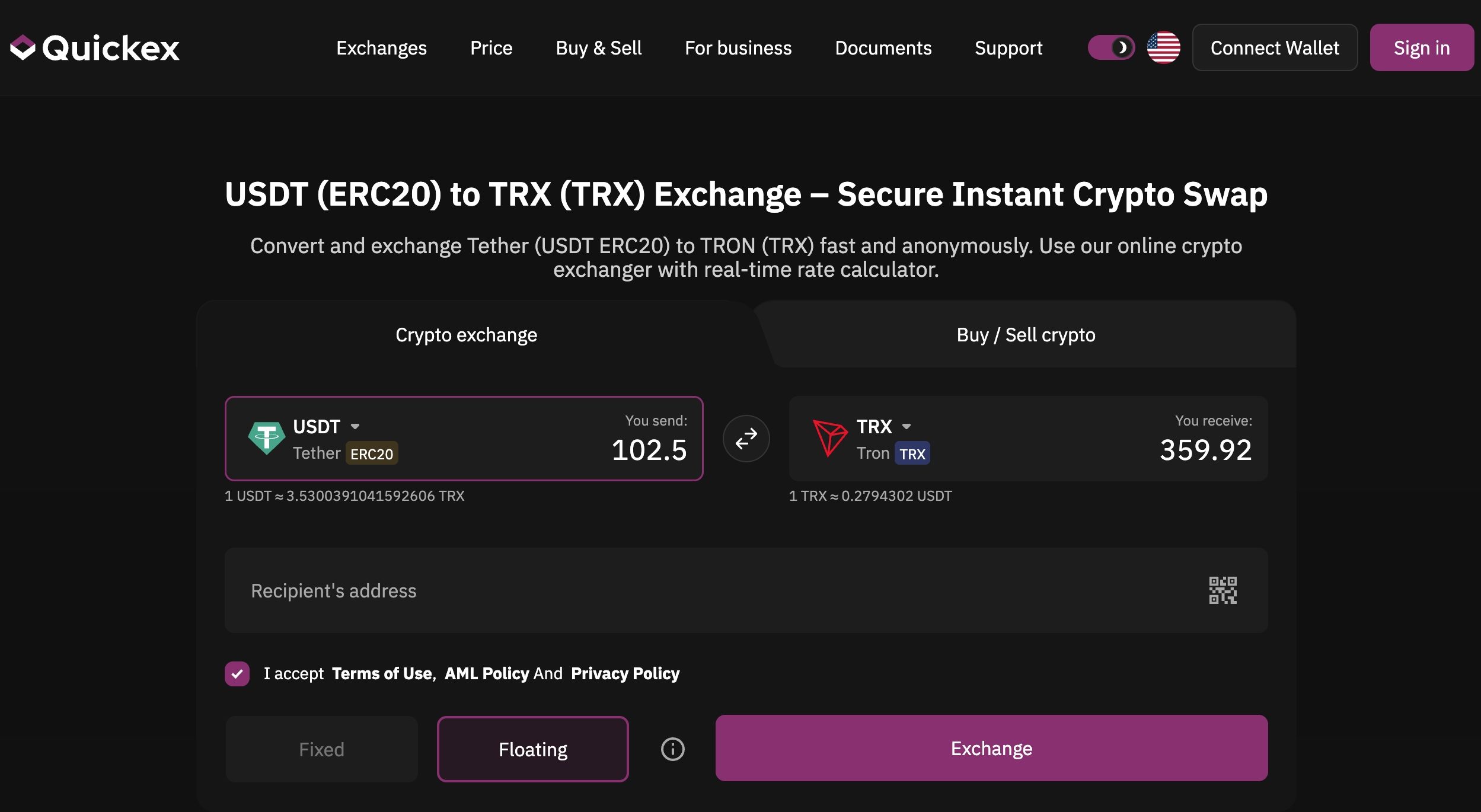 exchange usdt to trx