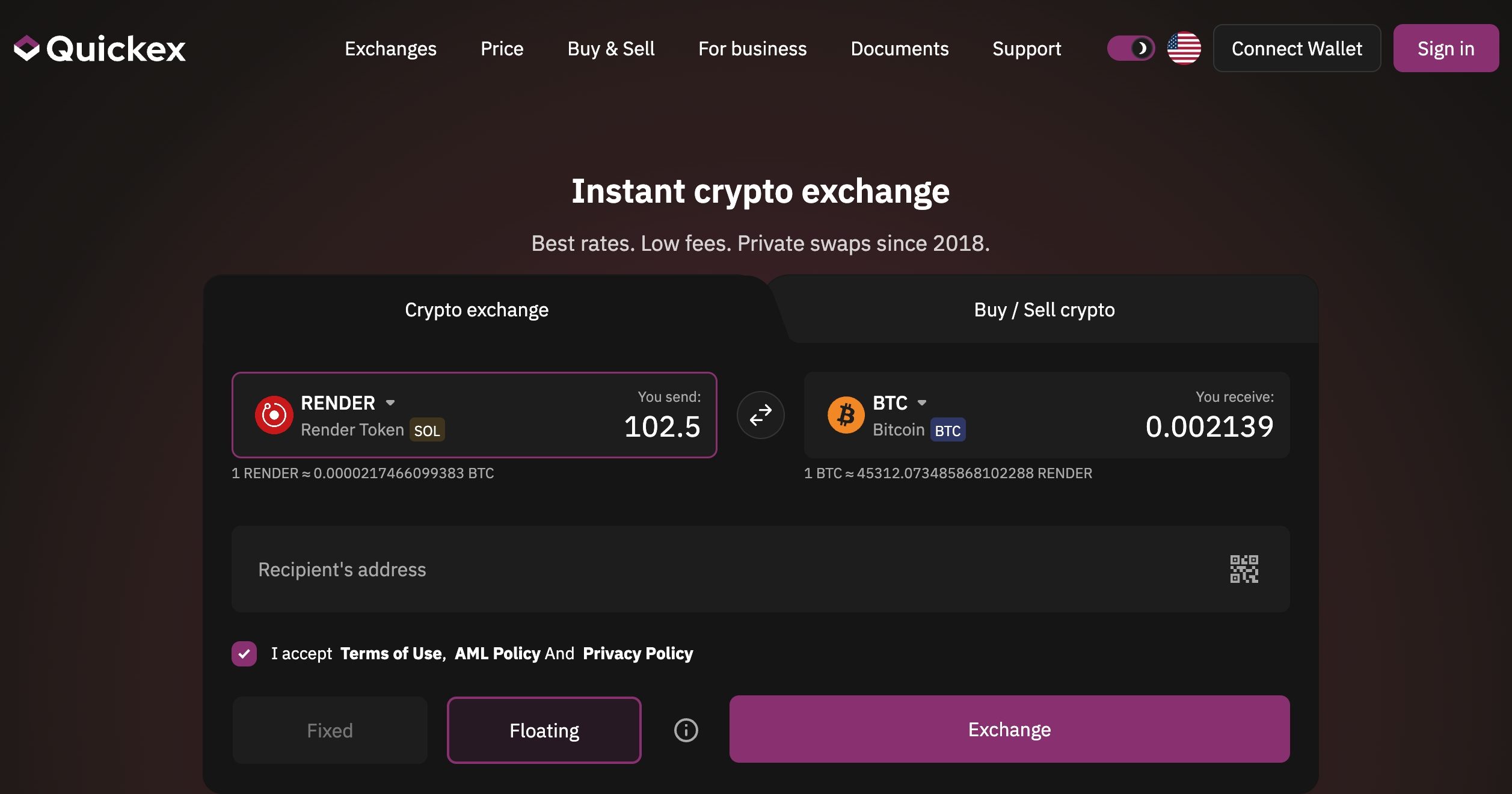 exchange render to btc