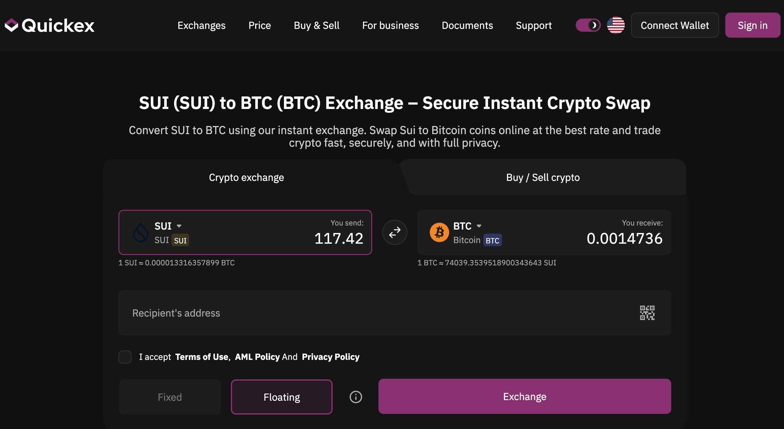 exchange sui to btc