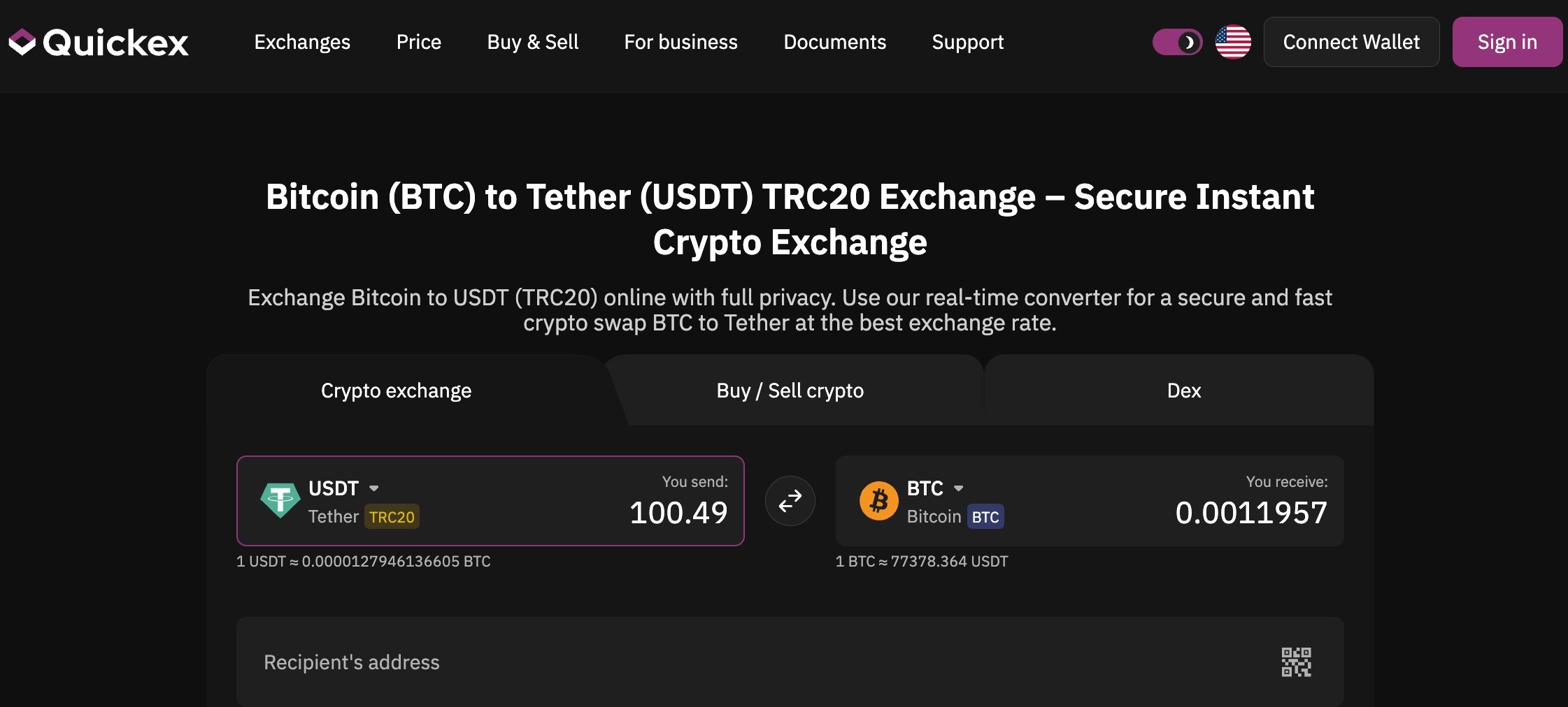 exchange USDT to BTC Quickex